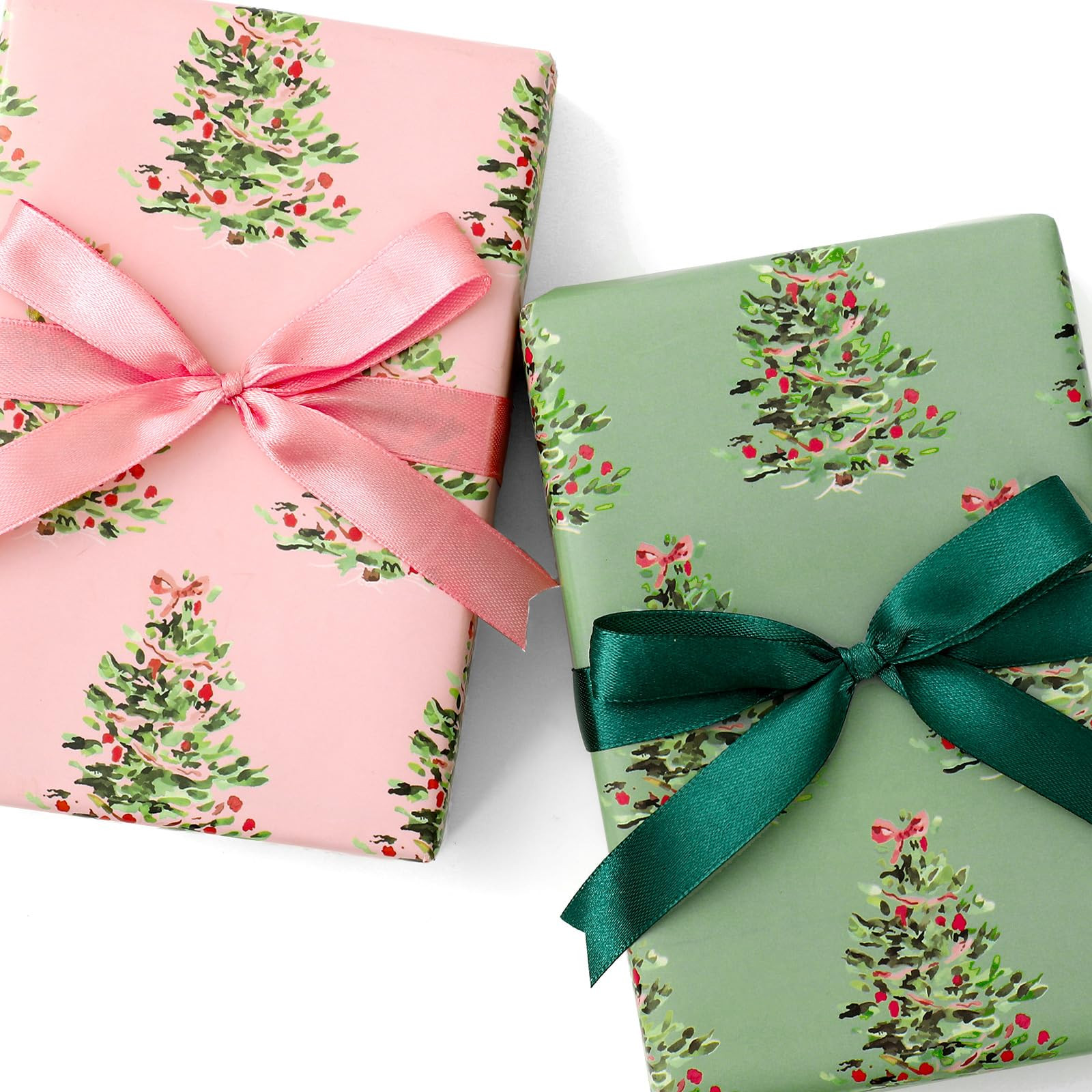 JarThenaAMCS 6 Sheets Christmas Wrapping Paper - Not Roll - Watercolor Pink Green Xmas Pine Tree ... | Amazon (US)