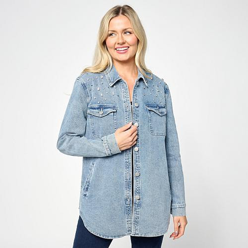 G by Giuliana Black Label Denim Shirt Jacket with Rhinestones - Blue - Size Petite/Small | HSN