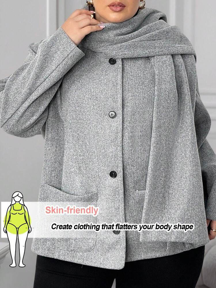 Truni __theloveshegives Plus Size Minimalist Plus Size Pocket Overcoat With Matching Scarf In Fall/Winter, For Pear Triangle Body Shape | SHEIN