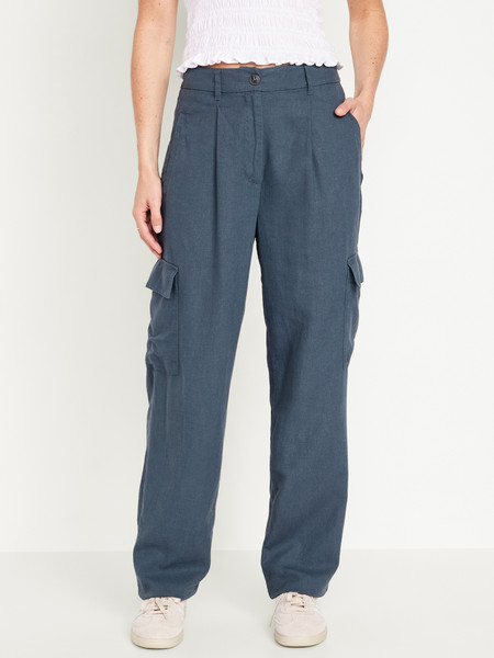 High-Waisted Linen-Blend Cargo Straight Pants | Old Navy (US)