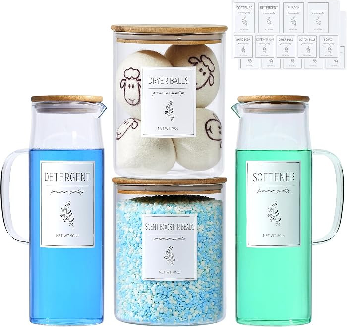 Glass Laundry Detergent Dispenser Set - 2x50oz & 2x70oz Borosilicate Containers with Bamboo Lids,... | Amazon (US)