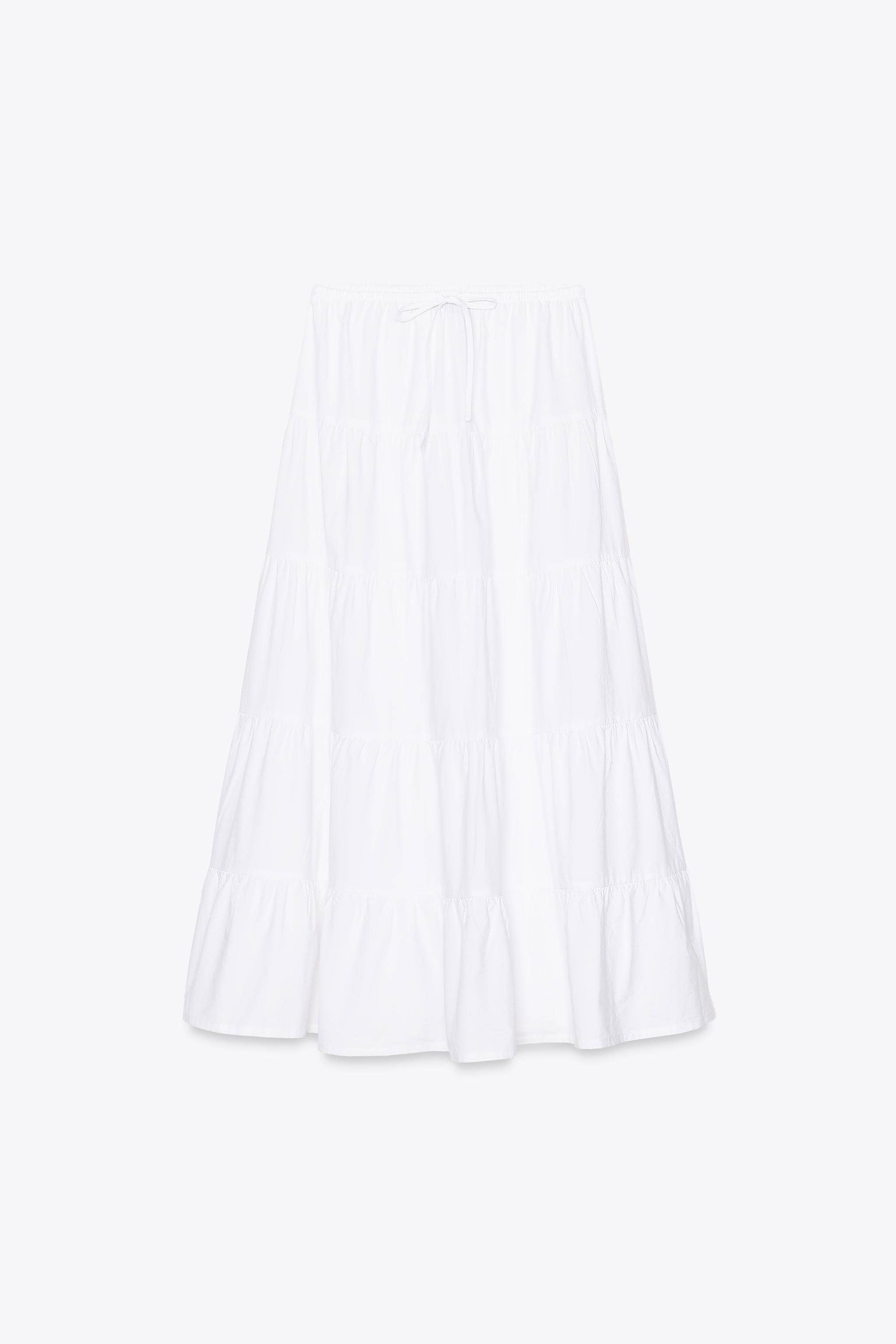 Long skirt made of cotton. Mid-rise with adjustable drawstring elastic waistband. Tiered hem. | Zara US