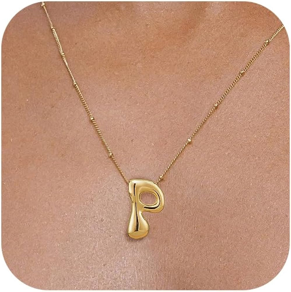 Gold Bubble Letter Necklace for Women Dainty 14K Gold Plated Balloon Initial Necklaces for Women ... | Amazon (US)