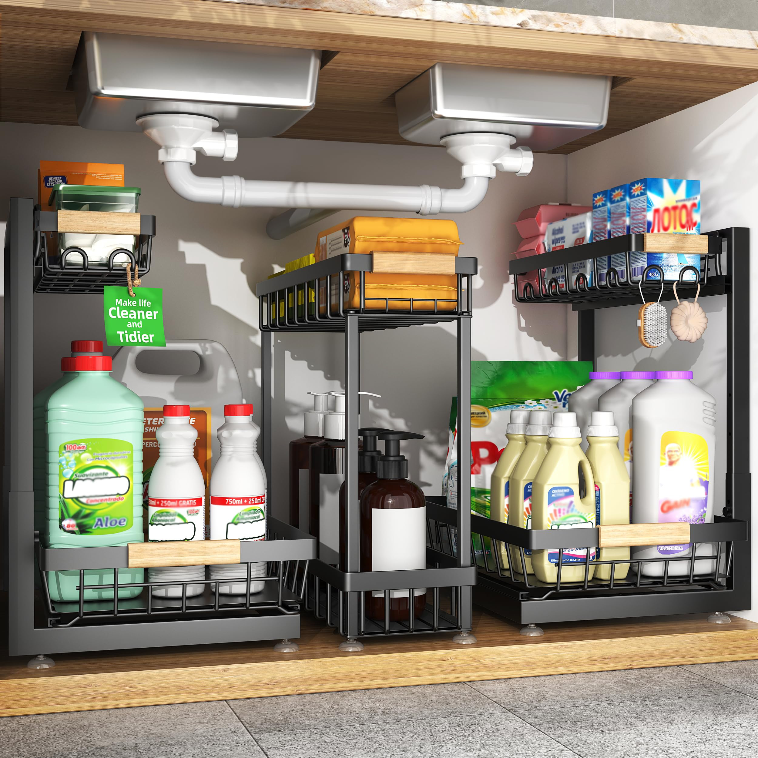 3 Pack Under Sink Organizer, Height Adjustable 2 Tier Pull-Out Metal Under Kitchen Sink Organizer... | Amazon (US)