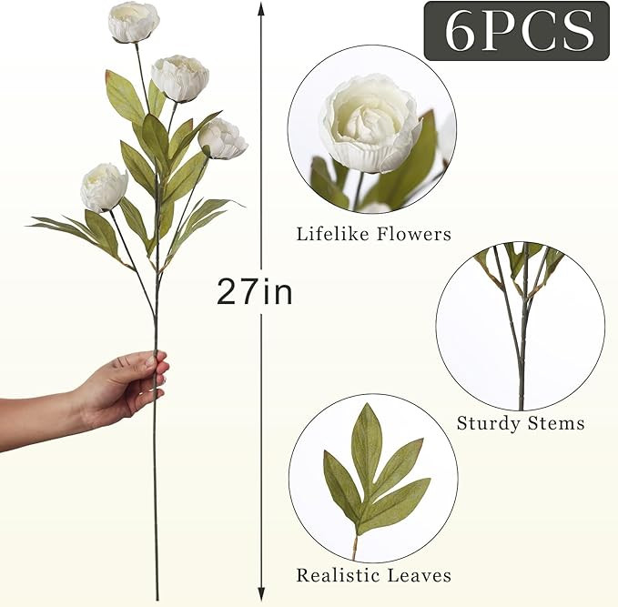VIERENA 6 Pcs Faux Silk Peony Artificial Flowers for Vase -27", Bulk Fake Peonies Branches with S... | Amazon (US)