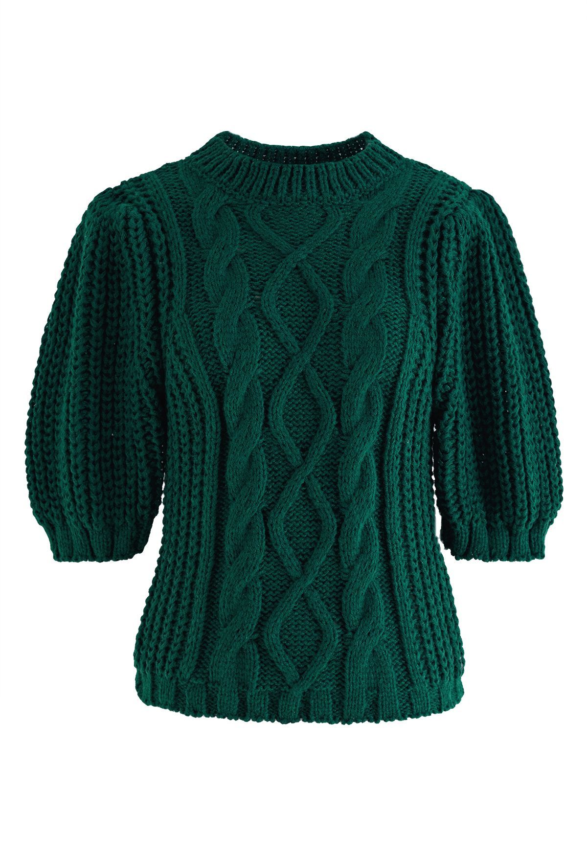 Bubble Sleeve Braided Ribbed Sweater in Dark Green | Chicwish