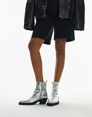Topshop Lara leather western style ankle boots in silver | ASOS (Global)