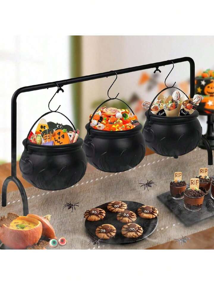 Halloween  Cauldron Candy Bowl  Decoration, Black Plastic Cauldron Bowl With Iron Frame, Ghost Ca... | SHEIN
