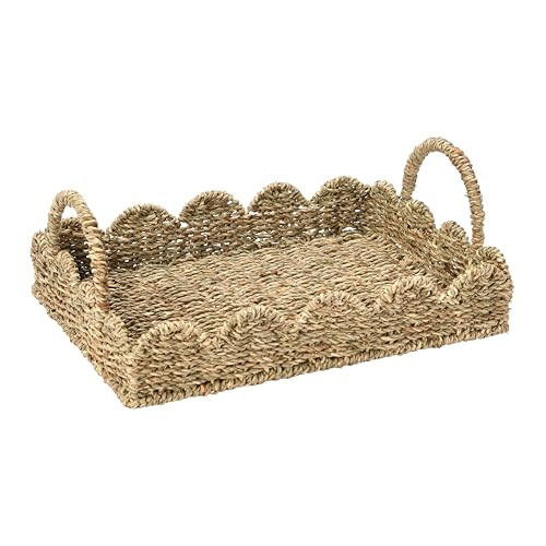 Household Essentials Seagrass Decorative Tray with Scalloped Edge, Handwoven Natural Wicker Organizer Basket with Handles & Iron Frame for Coffee Tables, Bathrooms & Countertops | Amazon (US)