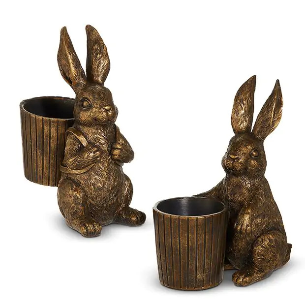 Antiqued Gold Bunny with Basket Figurine Set of 2 | Antique Farm House