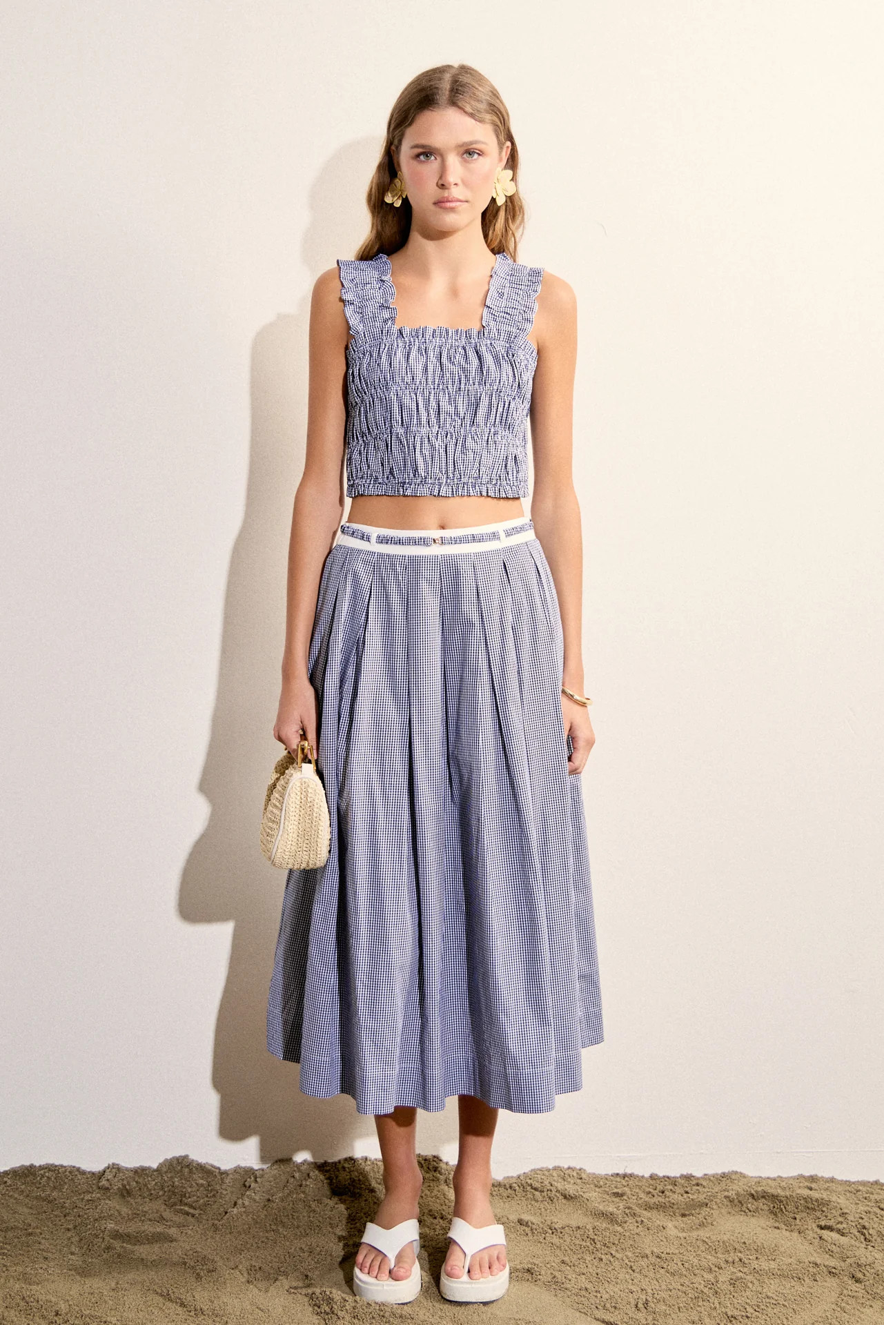 Smocked Gingham Ruffle Tank Top BLUE / L | English Factory