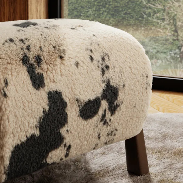 Curved Cow Fur Wooden Accent Stool | Dunelm