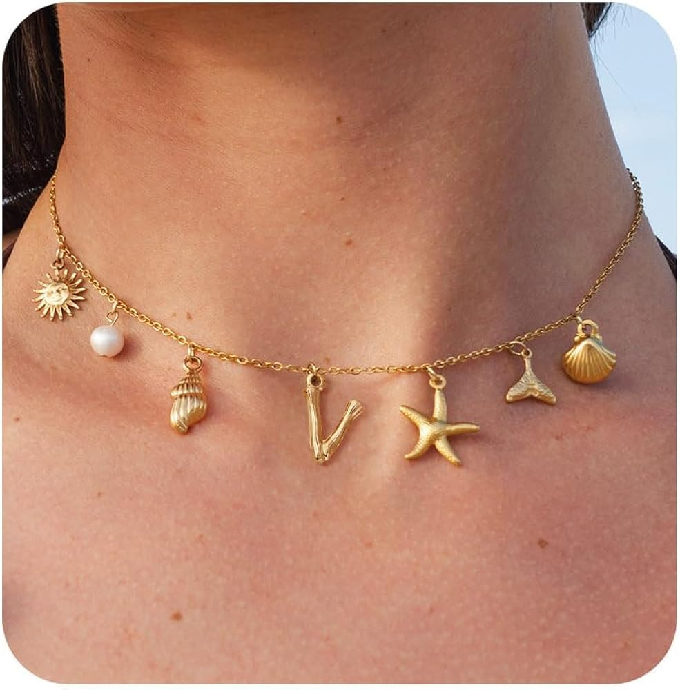 Initial Charm Necklace For Women Shell Letter Necklaces Gold Charms Pendant Boho Summer Seashell ... | Amazon (US)