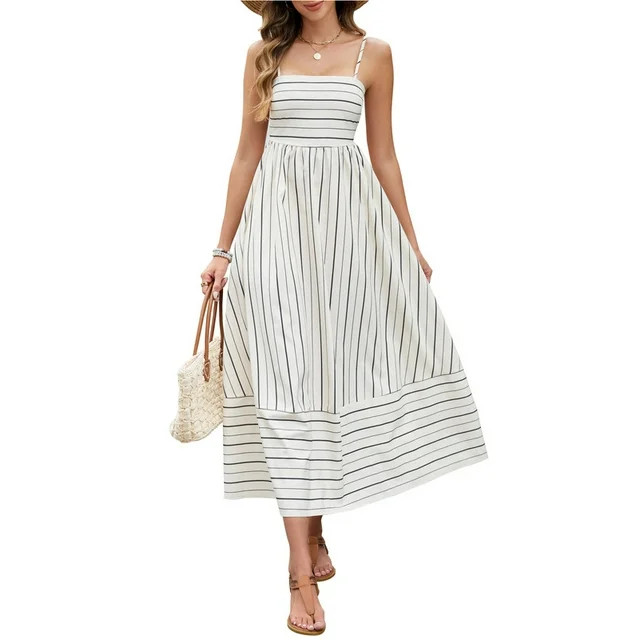 HVEOO Women's Summer Striped Spaghetti Strap Maxi Dress Boho Smocked Beach Sundress, Apricot | Walmart (US)