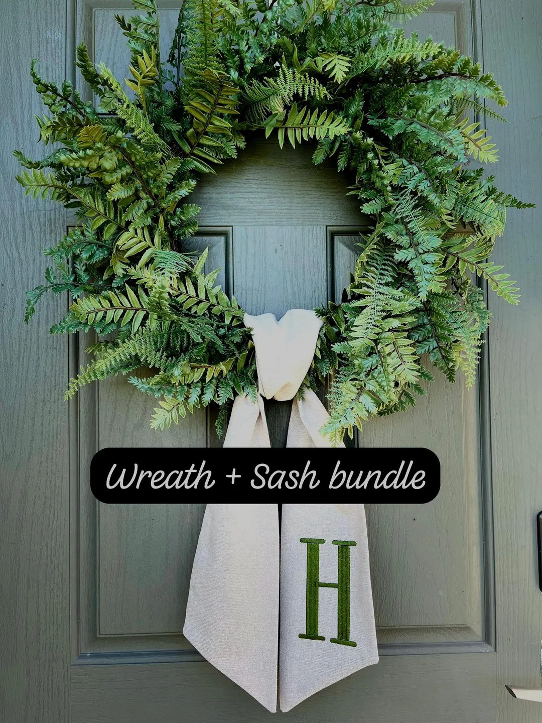 Faux Greenery Wreath With Personalized Monogram Sash Embroidered Initial Ribbon Custom Door Decor... | Etsy (US)