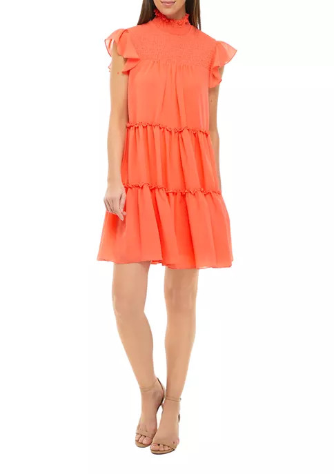 Women's Flutter Sleeve Ruffle Mock Neck Tiered Dress | Belk