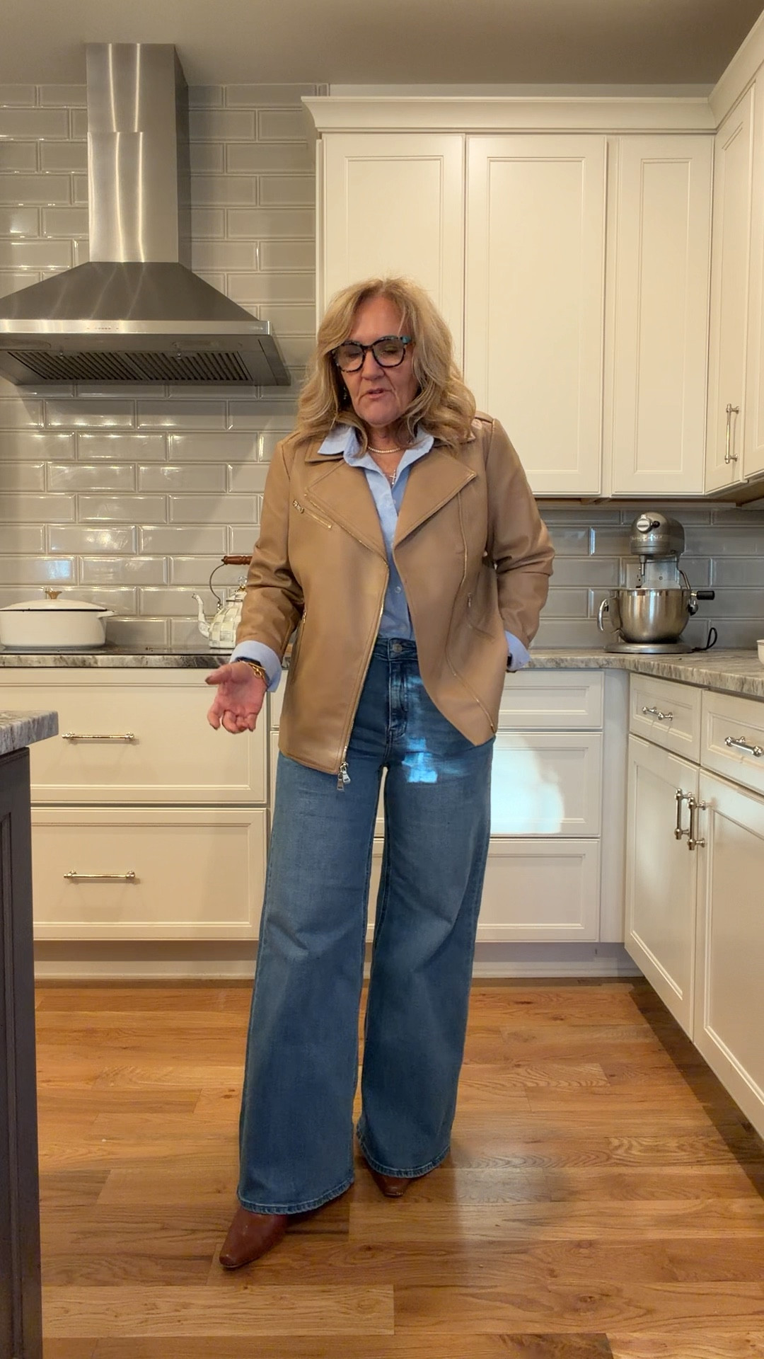 @quince palazzo Jean size 29
Oxford shirt size medium 
@chicos faux leather jacket love the light color for spring size 1.0

#LTKOver40 #LTKootd #LTKPetite