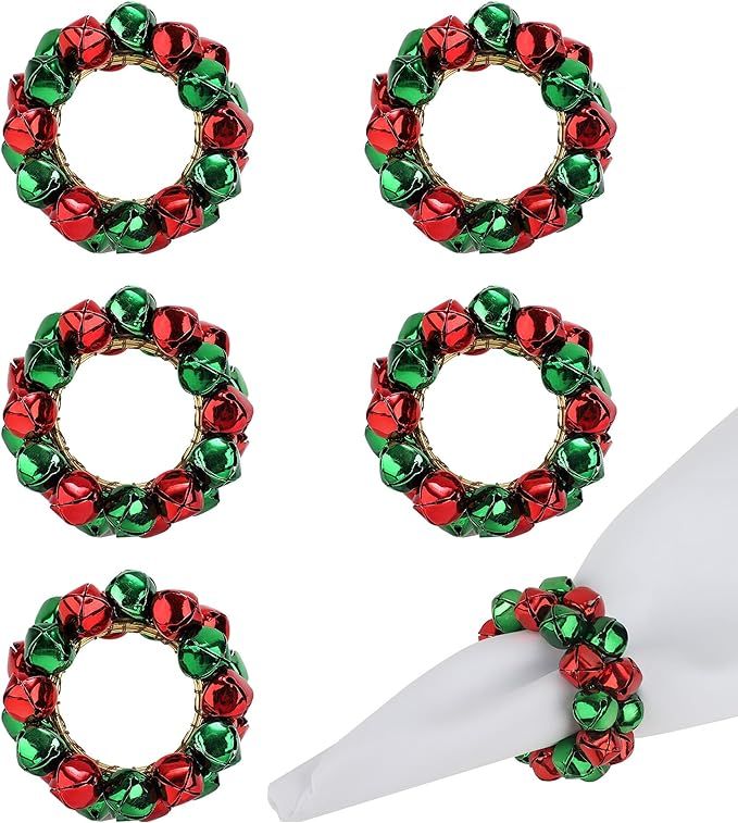 Set of 6 Christmas Napkin Rings Red and Green Jingle Bell Napkin Holders Metal Napkin Buckle for ... | Amazon (US)