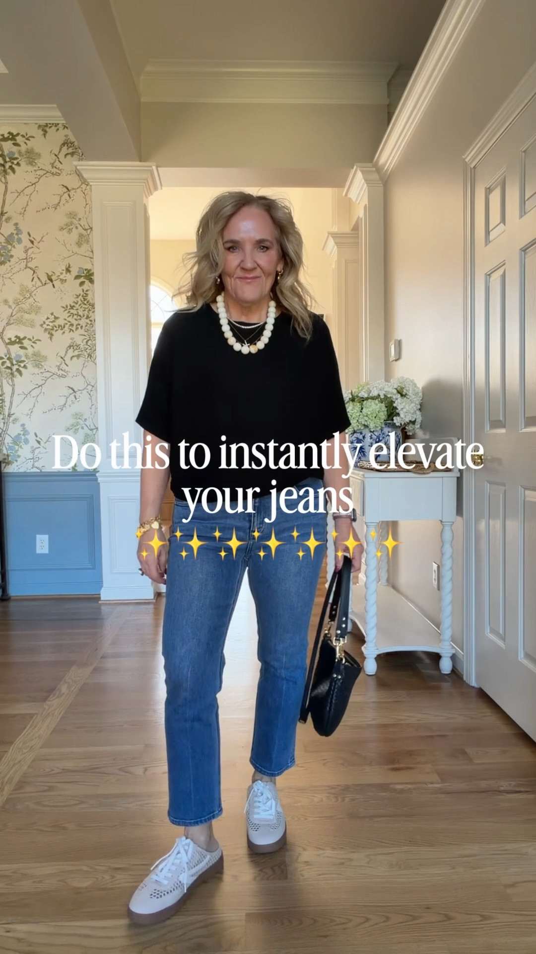 I love pairing a black sweater or top with a mid wash denim. It instantly elevate what you’re wearing. These jeans are more casual but if you had a flare all of a sudden, you’d have a date night look that can take you out to any restaurant.
Cotton cashmere sweater size medium
Luna slim straight jeans waist size 29 inseam size 26
