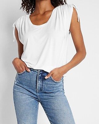Short Sleeve Ruched Shoulder Relaxed Tee | Express