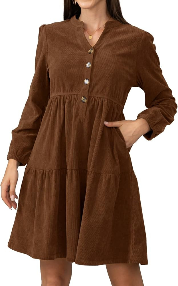 Jayscreate Women's 2025 Long Sleeve Corduroy Dress Above Knee A-Line V Neck Fall Winter Short Wor... | Amazon (US)