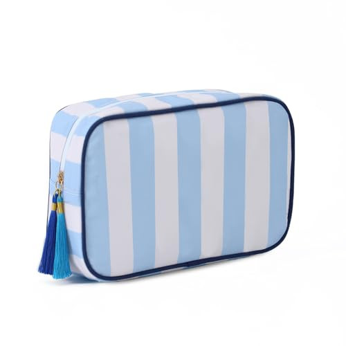EMBRUNIOICE Stripe Makeup Bag Travel Cosmetic Bag Organizer Tassel Toiletry Bag Large Canvas Zipper Pouch and Accessories Storage Bag for Women (White with Blue) | Amazon (US)