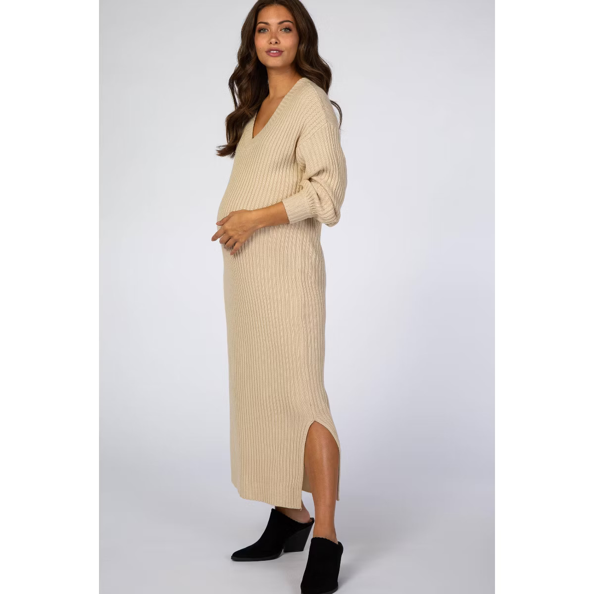 PinkBlush Beige V-Neck Ribbed Maternity Sweater Dress | Target
