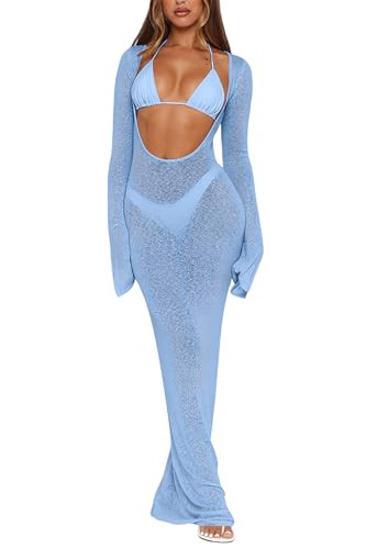 3 Piece Swimsuits for Women Sexy Halter Triangle Thong Bikini Sets with Sheer Mesh Beach Cover Up... | Amazon (US)
