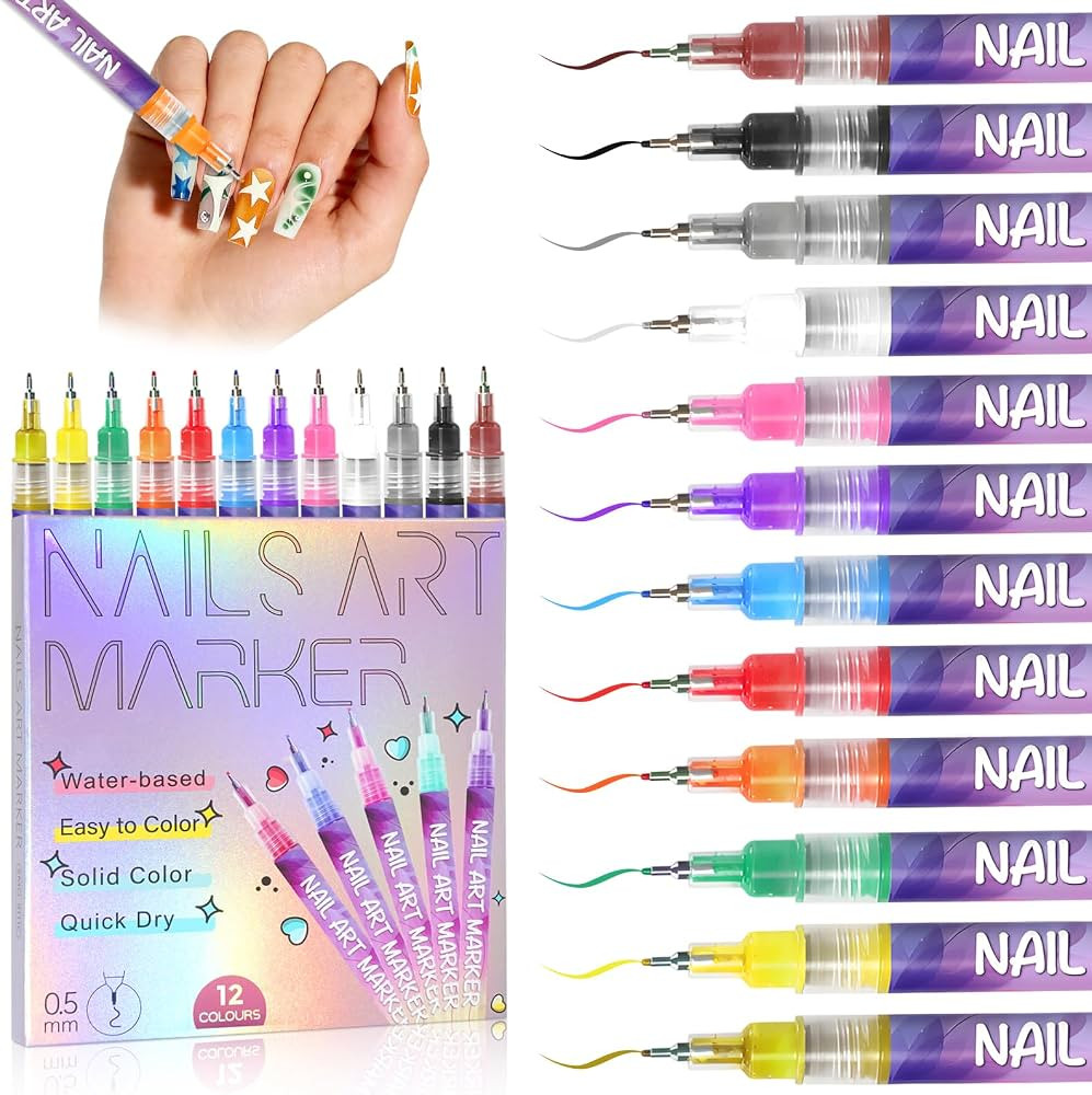 12 Colors Nail Art Marker Pens Set, Nail Markers for Nail Art, Suitable for Nail Art, Nail Painti... | Amazon (US)