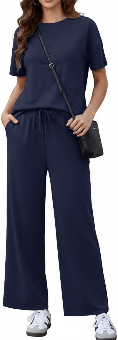 PINSPARK 2 Piece Sets for Women Soft Short Sleeve Matching Lounge Set Wide Leg Pants Tracksuit Tr... | Amazon (US)