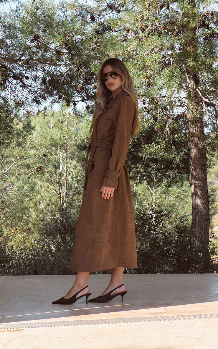 Chocolate Croc Suede Trench Coat | Outerwear | PrettyLittleThing US