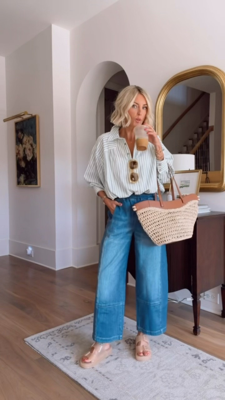 This is such an easy cute look for work or weekend wear! Breathable and easily layered for cooler weather. Wearing XS in both pieces 

Loverly grey, Anthropologie fashion finds, green striped button down, denim outfit inspo, how to style stripe green button down

#LTKootd #LTKSeasonal #LTKWorkwear