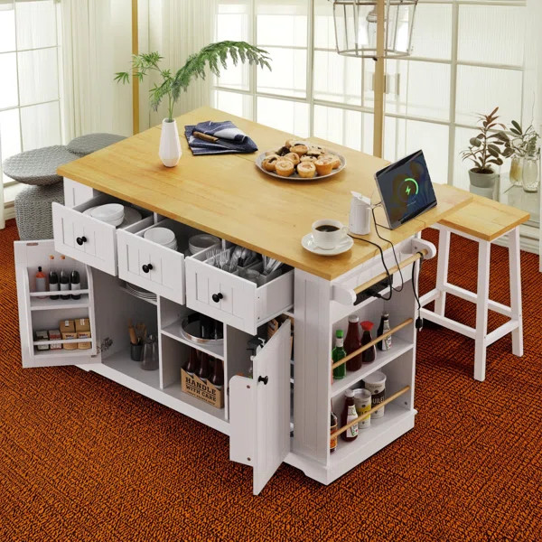 K&k 53" Large Kitchen Island: Includes 2 Bar Stools, Electrical Outlet, In-door Storage, 5 Casters With Folding Leaves, 5 Side Shelves, 3 Drawers | Wayfair North America