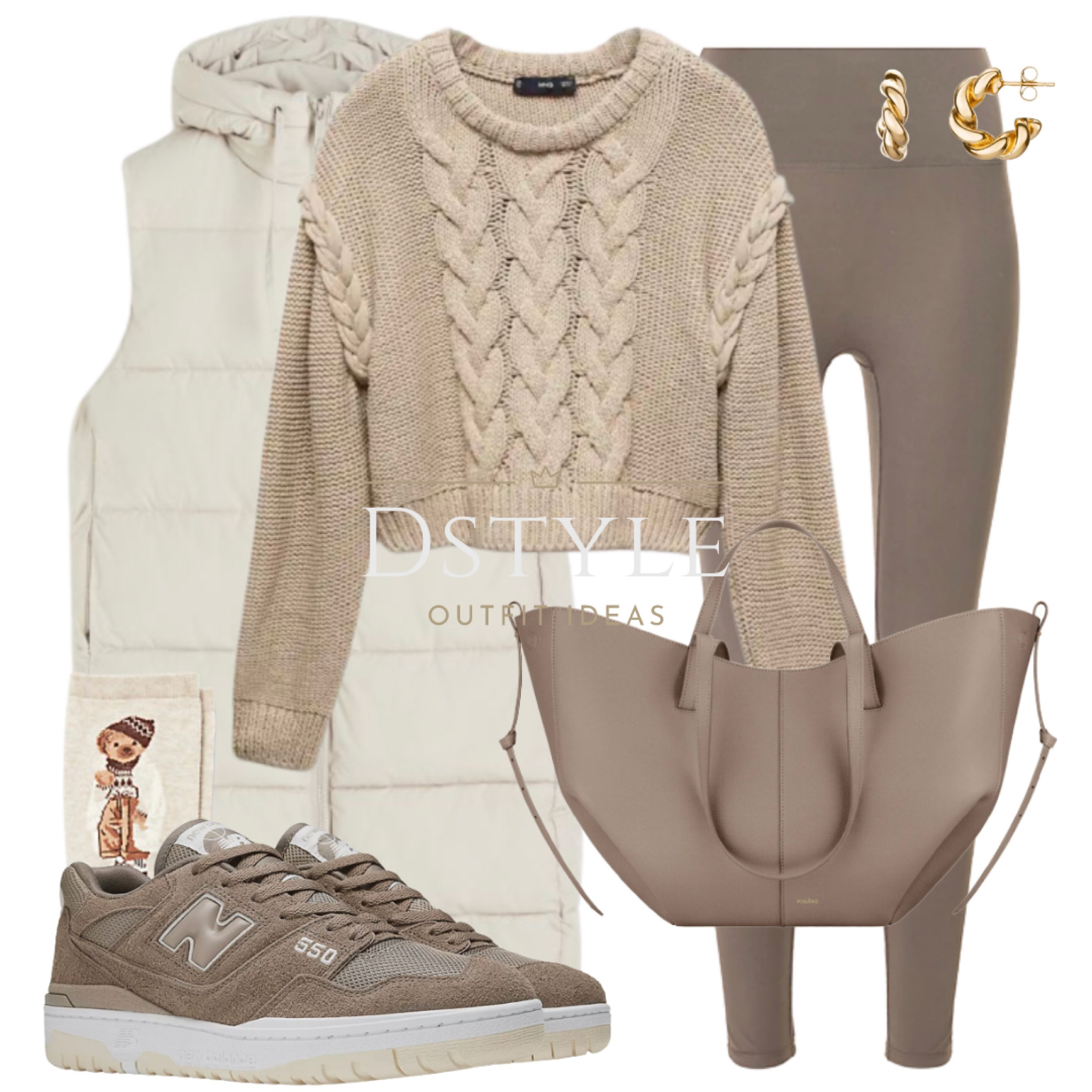 Cozy Neutrals: Embracing the chill with brown leggings, a beige braided sweater (currently on sale with just a few pieces left), a light beige puffer vest, and matching New Balance sneakers. ❄️🍂 
 #FallOutfits #WinterOutfits #WinterStyle

#LTKSeasonal #LTKfindsunder50 #LTKsalealert