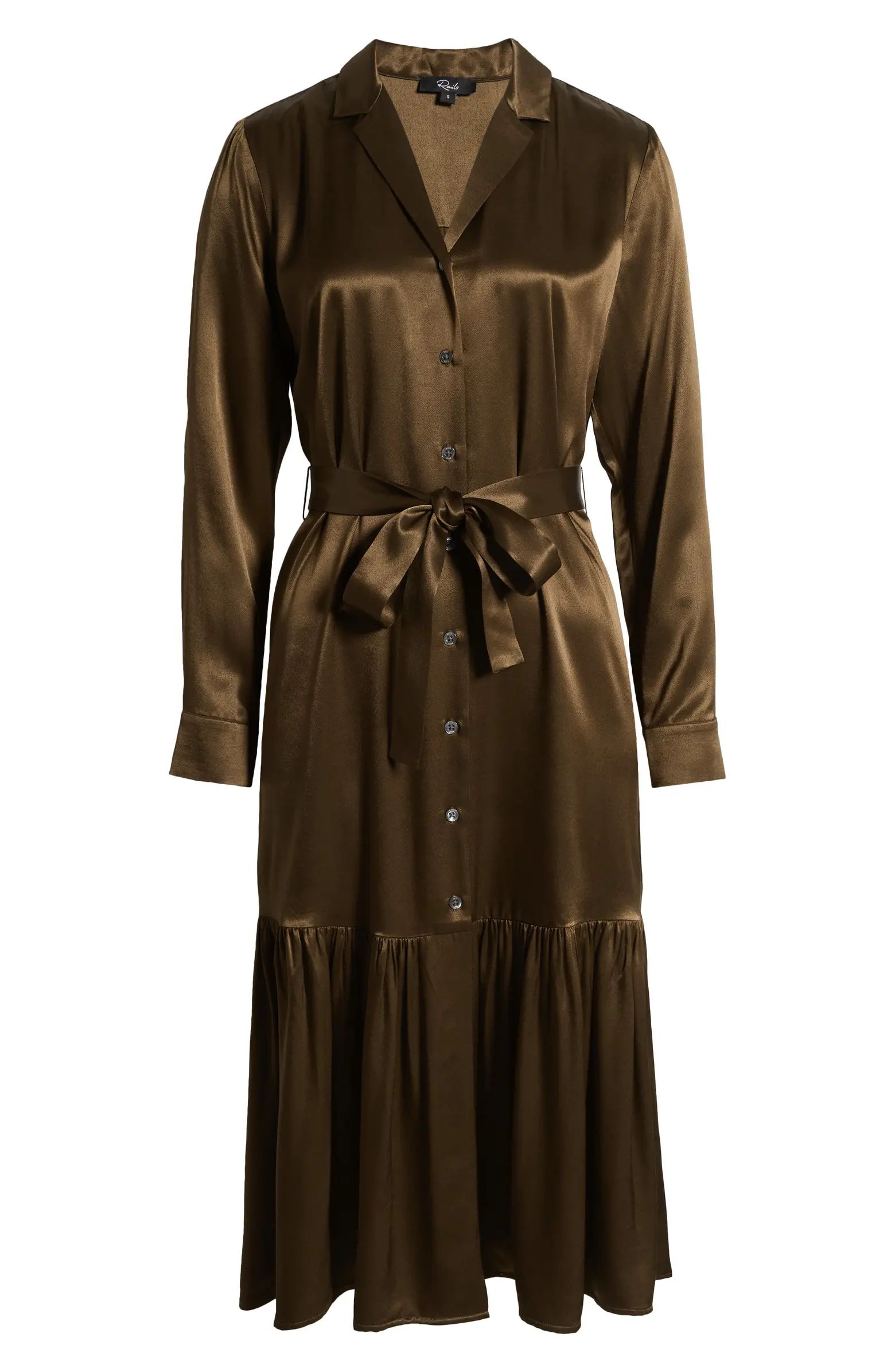 Beatrice Long Sleeve Belted Satin Midi Shirtdress | Nordstrom