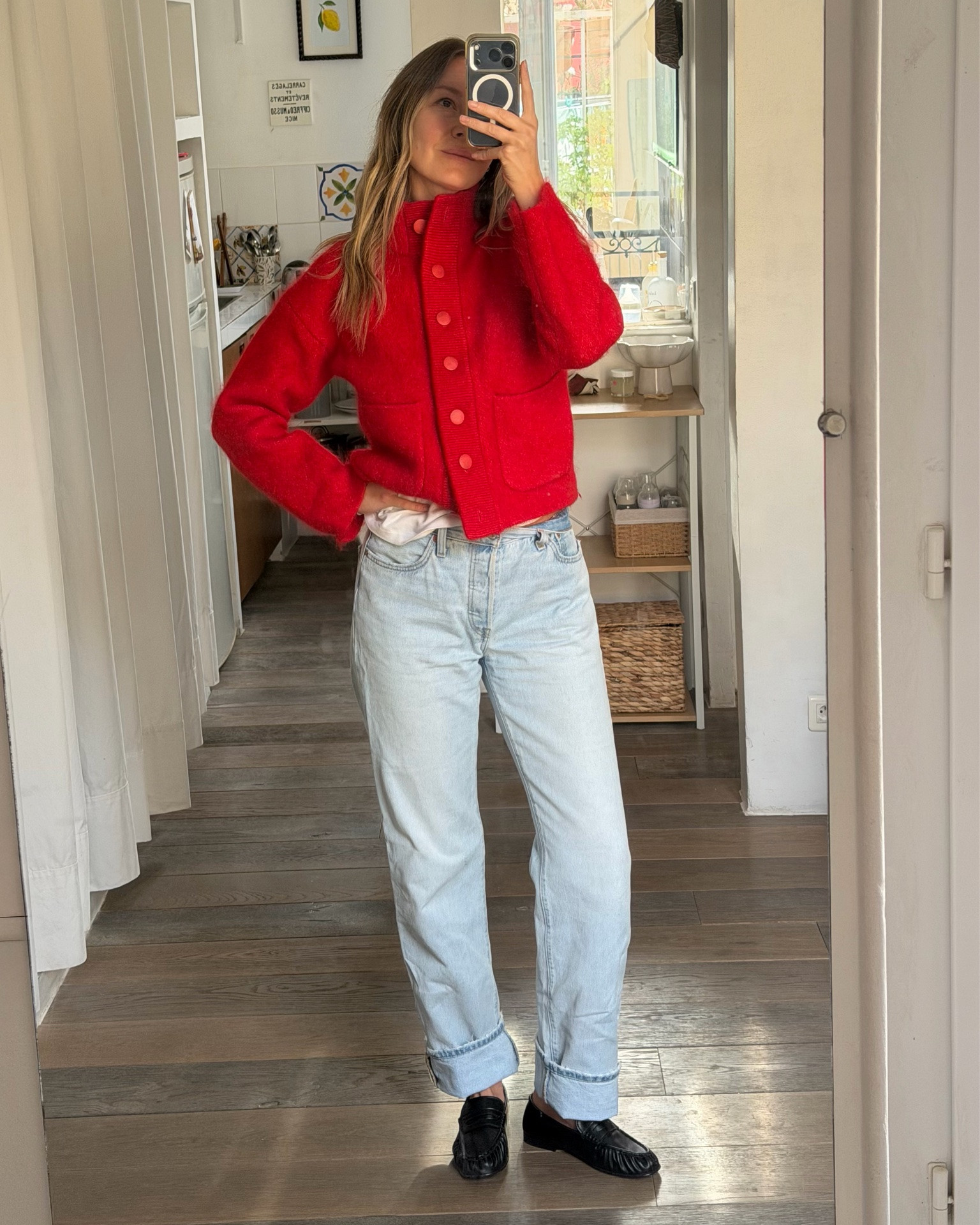 Red knit & Levi’s