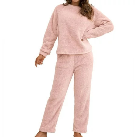 Previn Women s Cute Fuzzy Pajama Set Fleece Fuzzy Pj Soft Long Sleeve Stretchy Comfy Casual Pant Warm 2 Piece Warm Winter Plush Sleepwear Pink X-Large | Walmart (US)