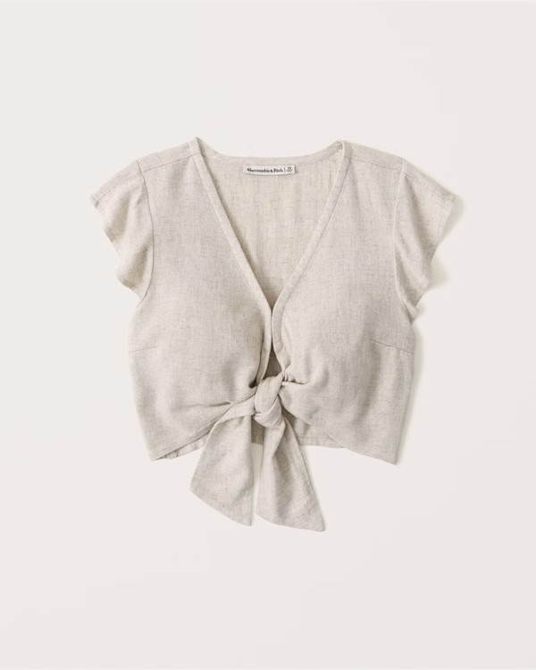 Tie-Front Linen Blend Ruffle Sleeve Top | Abercrombie & Fitch (US)