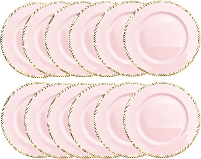 Umisriro 12 pcs Pink Charger Plates, 13 Inch Plastic Round Charger Plates for Dinner, Tabletop De... | Amazon (US)