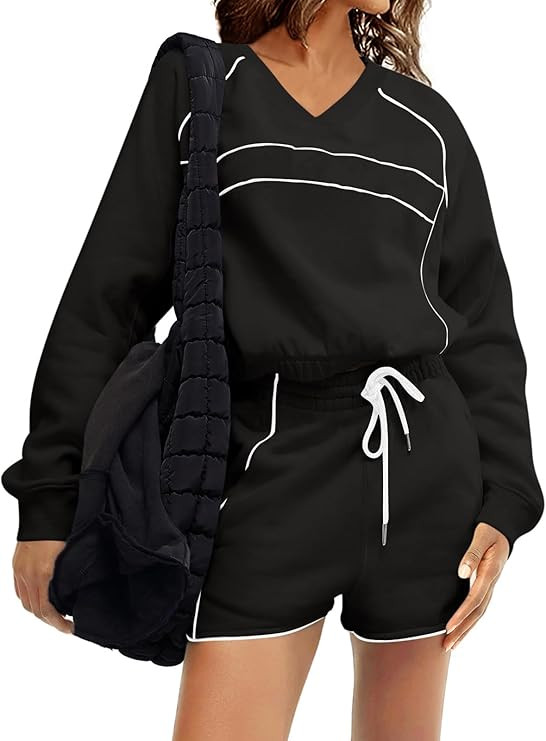 Fisoew Womens Sweatsuits 2 Piece Outfits V Neck Fleece Sweatshirts Contrast High Waisted Shorts C... | Amazon (US)