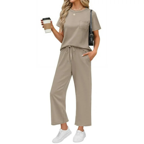 Fantaslook 2 Piece Sets for Women Casual Summer Travel Vacation Outfits Short Sleeve Tops Wide Le... | Walmart (US)