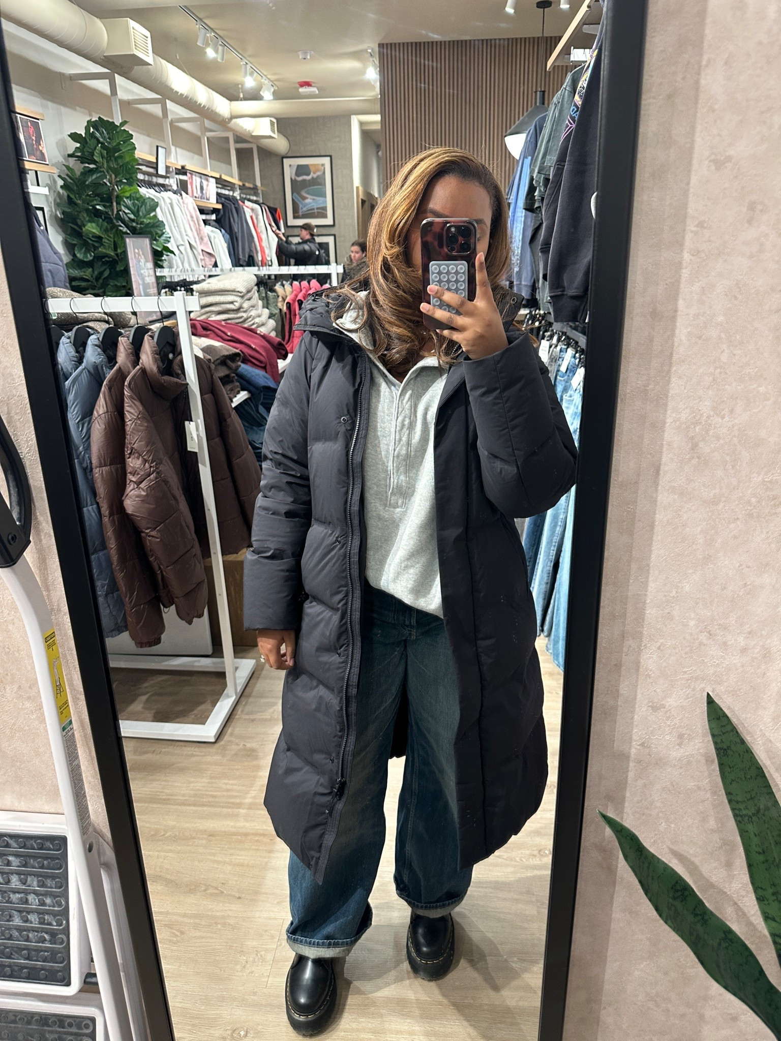 Coat: Medium
Sweater: Large (oversized look)
Jeans: Size 8 (Color: Blue)
Boots: 8 
