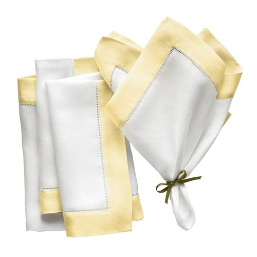 Linen Napkins 20 x 20 inch - 100% Flax Linen White and Yellow Dinner Napkins Set of 4 - Hemstitch Cloth Napkins Washable for Easter Day and Spring Holiday | Amazon (US)