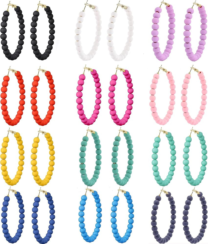 CASDAN 12 Pairs Beaded Hoop Earrings for Women Bohemian Circle Round Bead Earrings Colorful Vinta... | Amazon (US)