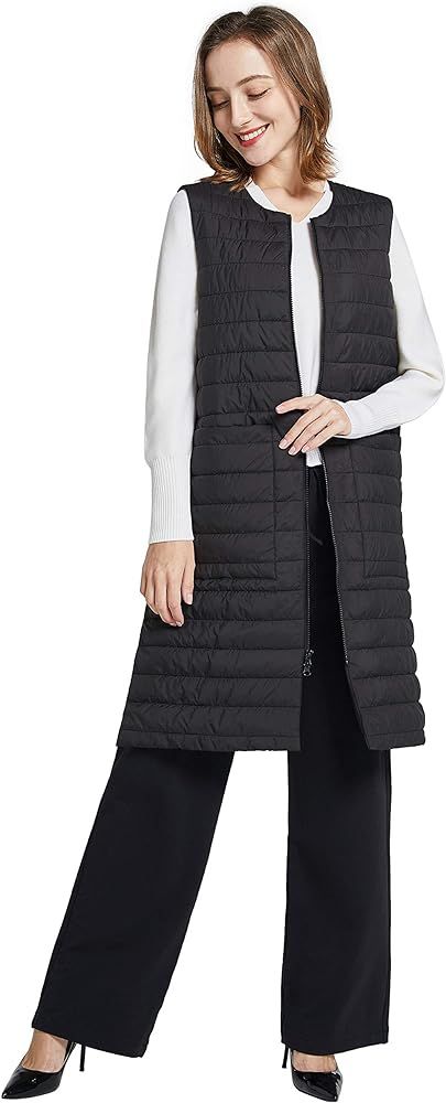 Long Puffer Vest Women Round Collar Quilted Vests with Large Pockets Lightweight Sleeveless | Amazon (US)