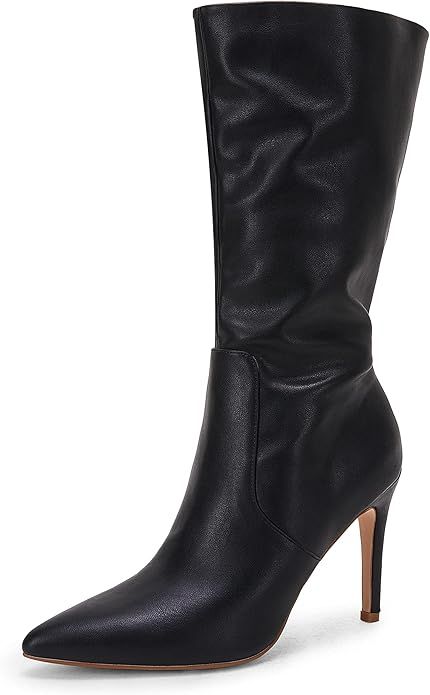 Coutgo Womens Mid Calf Boots Stiletto High Heels Closed Pointed Toe Side Zipper Faux Leather Fall... | Amazon (US)