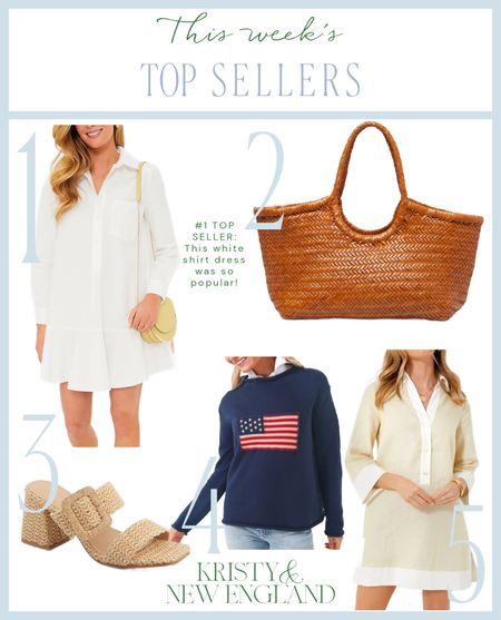 Top Sellers this week #1 White Shirt Dress #2 Nantucket Tote #3 Woven Block Heels #4 Navy Rollneck Flag Sweater #5 Linen Collared Tunic Dress 

#LTKitbag #LTKover40 #LTKshoecrush