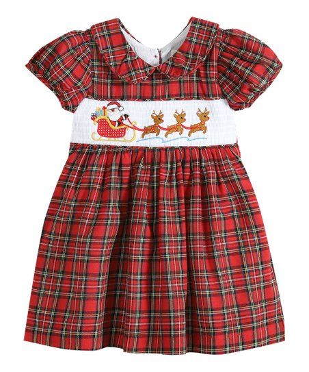 Lil Cactus Red Plaid Santa Sleigh Smocked Tie-Waist A-Line Dress - Infant & Girls | Zulily