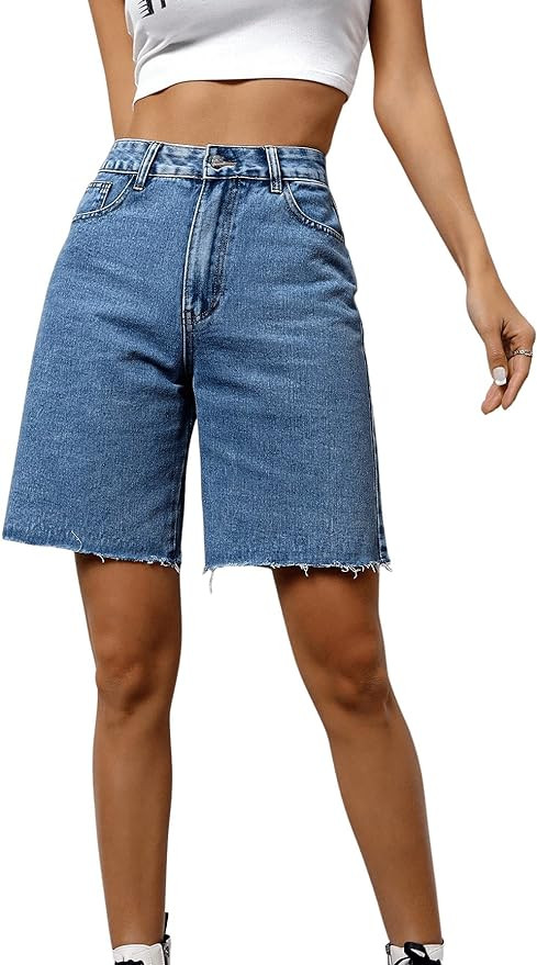SweatyRocks Women's Casual High Waist Straight Leg Jean Shorts Raw Hem Denim Bermuda Shorts | Amazon (US)
