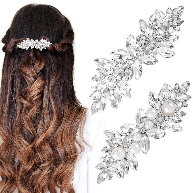 HINZIC 2Pcs Rhinestone Hair Clips Flower Hair Barrettes Crystal Pearl French Hairpins Hair Clip W... | Amazon (US)
